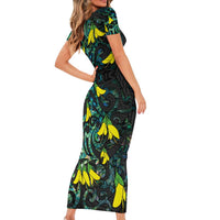 New Zealand Kowhai Flowers Short Sleeve Bodycon Dress Maori Koru Pattern With Paua Shell Style LT03 - Polynesian Pride