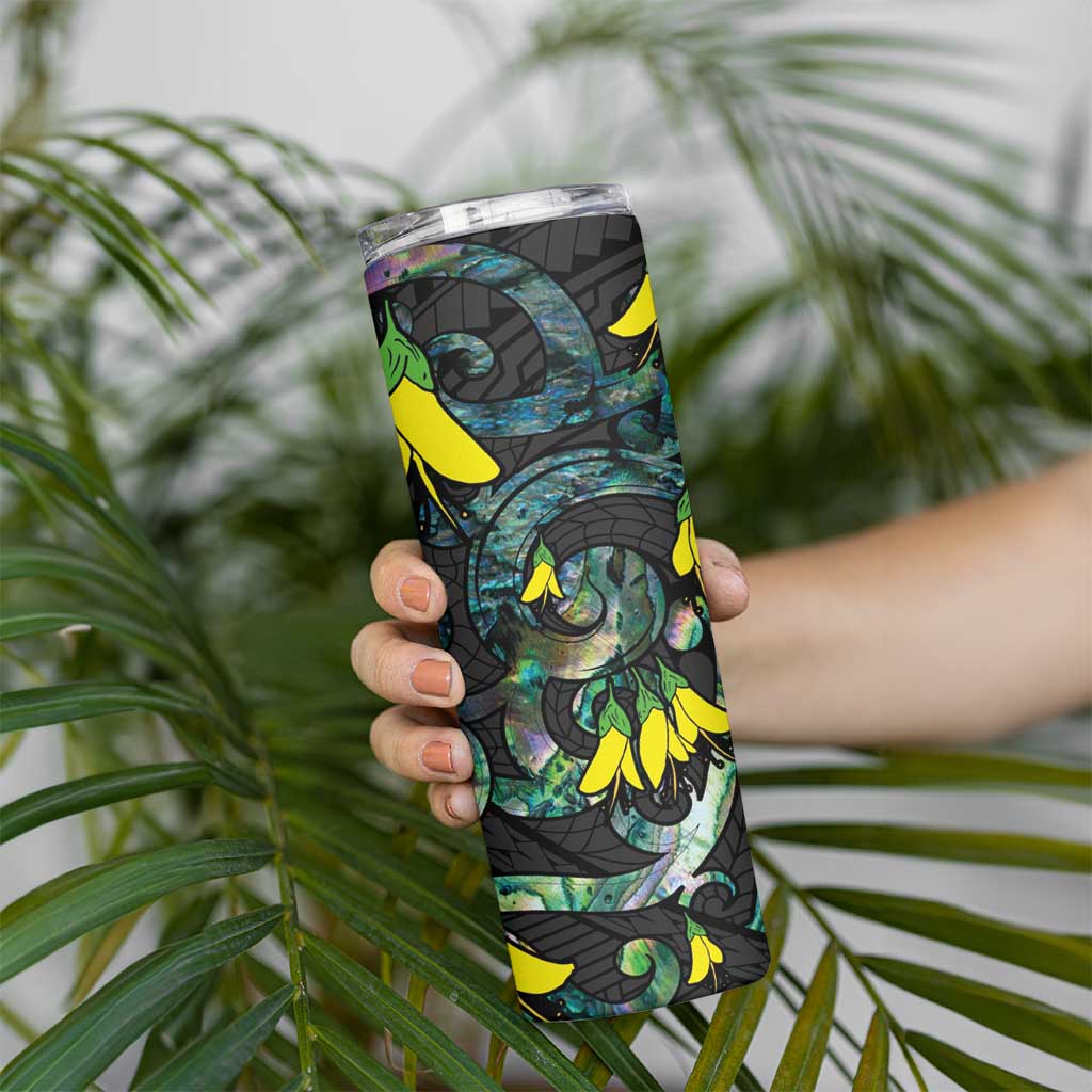 New Zealand Kowhai Flowers Skinny Tumbler Maori Koru Pattern With Paua Shell Style LT03 - Polynesian Pride