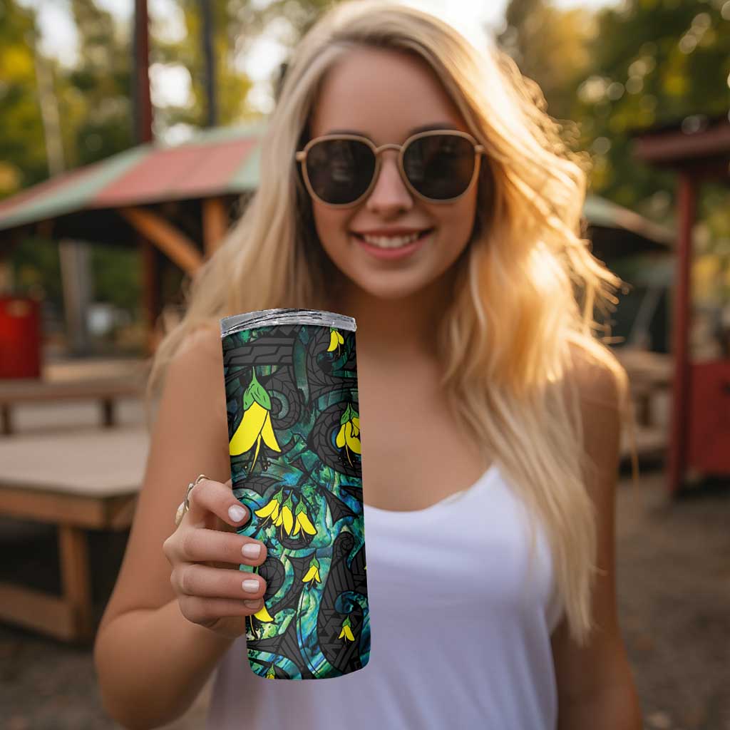 New Zealand Kowhai Flowers Skinny Tumbler Maori Koru Pattern With Paua Shell Style LT03 - Polynesian Pride