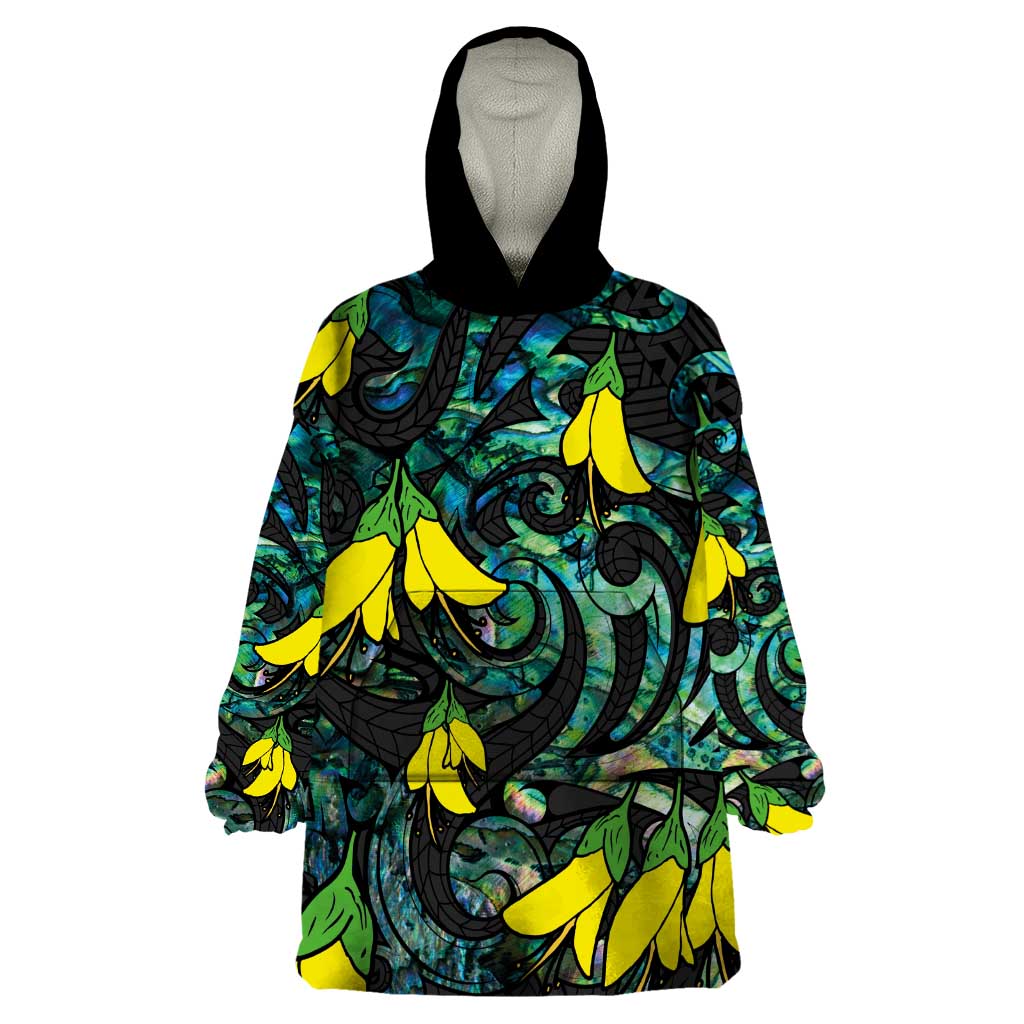 New Zealand Kowhai Flowers Wearable Blanket Hoodie Maori Koru Pattern With Paua Shell Style LT03 One Size Black - Polynesian Pride