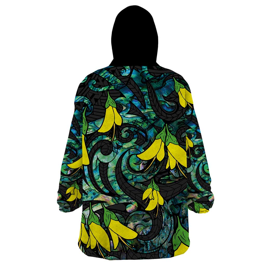 New Zealand Kowhai Flowers Wearable Blanket Hoodie Maori Koru Pattern With Paua Shell Style LT03 - Polynesian Pride