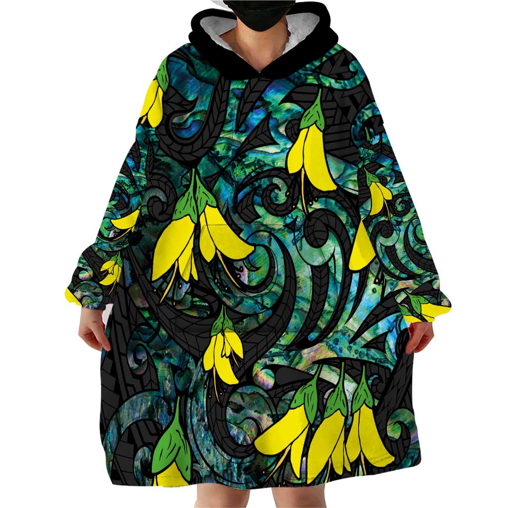 New Zealand Kowhai Flowers Wearable Blanket Hoodie Maori Koru Pattern With Paua Shell Style LT03 - Polynesian Pride