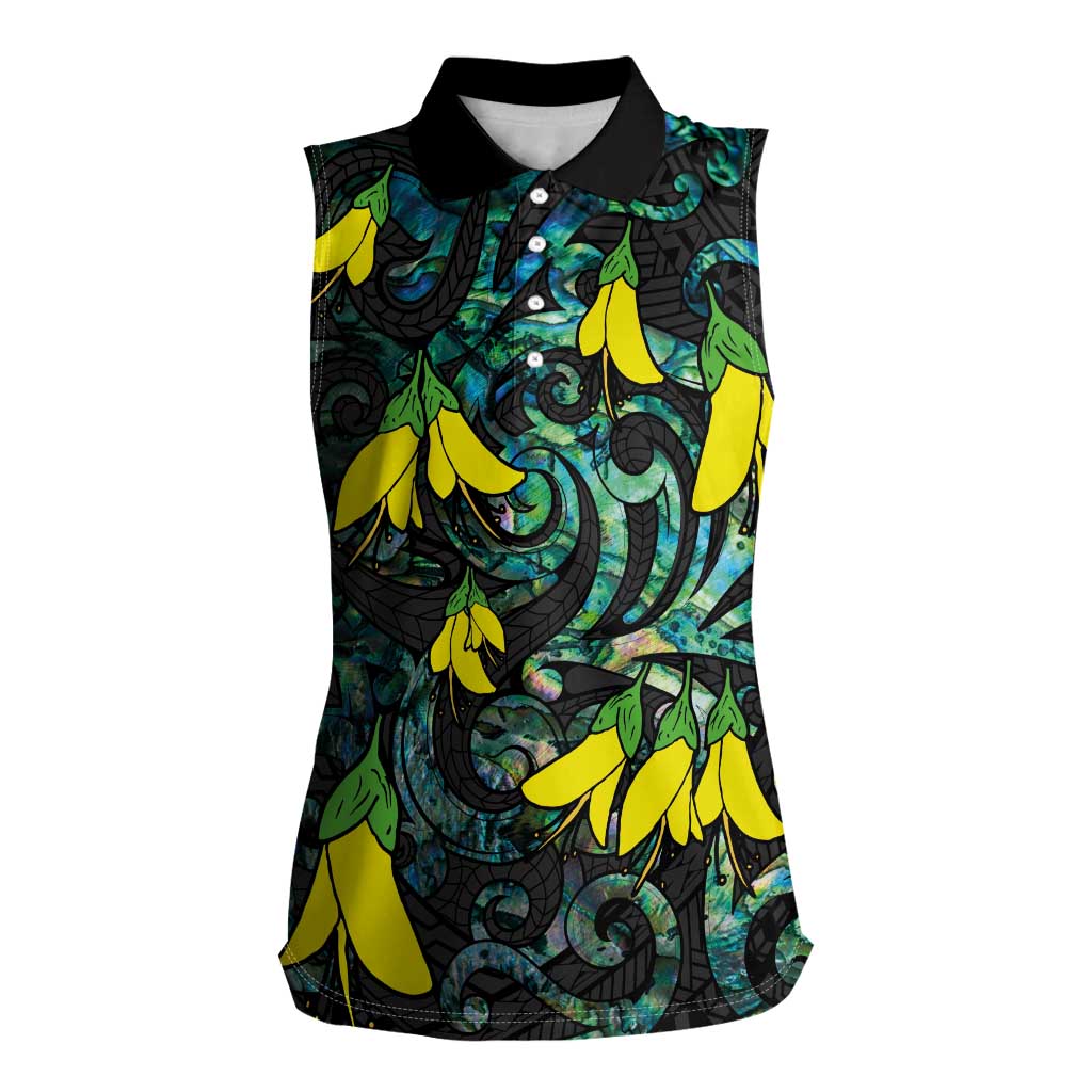 New Zealand Kowhai Flowers Women Sleeveless Polo Shirt Maori Koru Pattern With Paua Shell Style LT03 Female Black - Polynesian Pride
