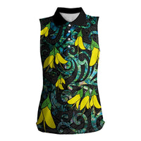 New Zealand Kowhai Flowers Women Sleeveless Polo Shirt Maori Koru Pattern With Paua Shell Style LT03 Female Black - Polynesian Pride