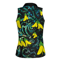 New Zealand Kowhai Flowers Women Sleeveless Polo Shirt Maori Koru Pattern With Paua Shell Style LT03 - Polynesian Pride