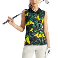 New Zealand Kowhai Flowers Women Sleeveless Polo Shirt Maori Koru Pattern With Paua Shell Style LT03 - Polynesian Pride