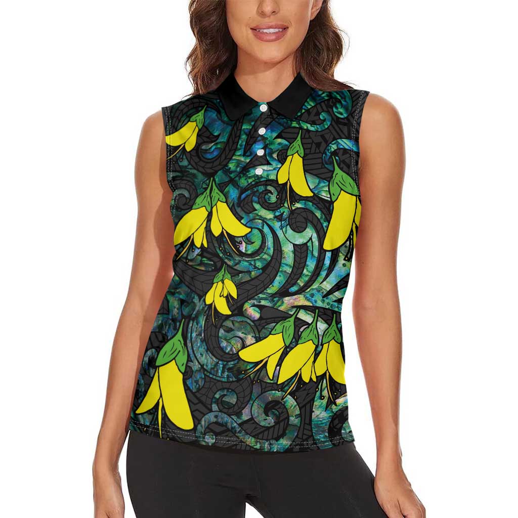 New Zealand Kowhai Flowers Women Sleeveless Polo Shirt Maori Koru Pattern With Paua Shell Style LT03 - Polynesian Pride