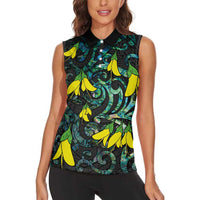 New Zealand Kowhai Flowers Women Sleeveless Polo Shirt Maori Koru Pattern With Paua Shell Style LT03 - Polynesian Pride