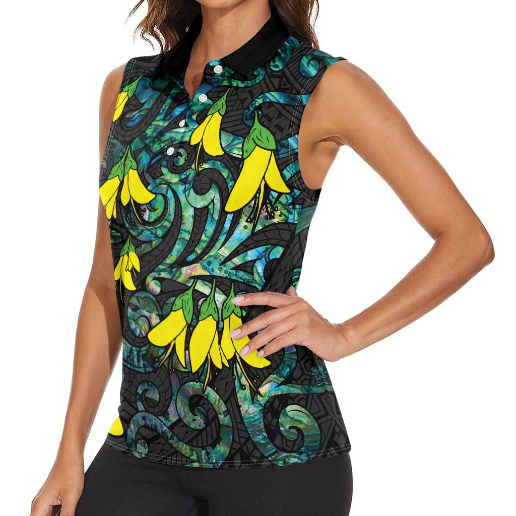 New Zealand Kowhai Flowers Women Sleeveless Polo Shirt Maori Koru Pattern With Paua Shell Style LT03 - Polynesian Pride