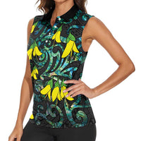 New Zealand Kowhai Flowers Women Sleeveless Polo Shirt Maori Koru Pattern With Paua Shell Style LT03 - Polynesian Pride