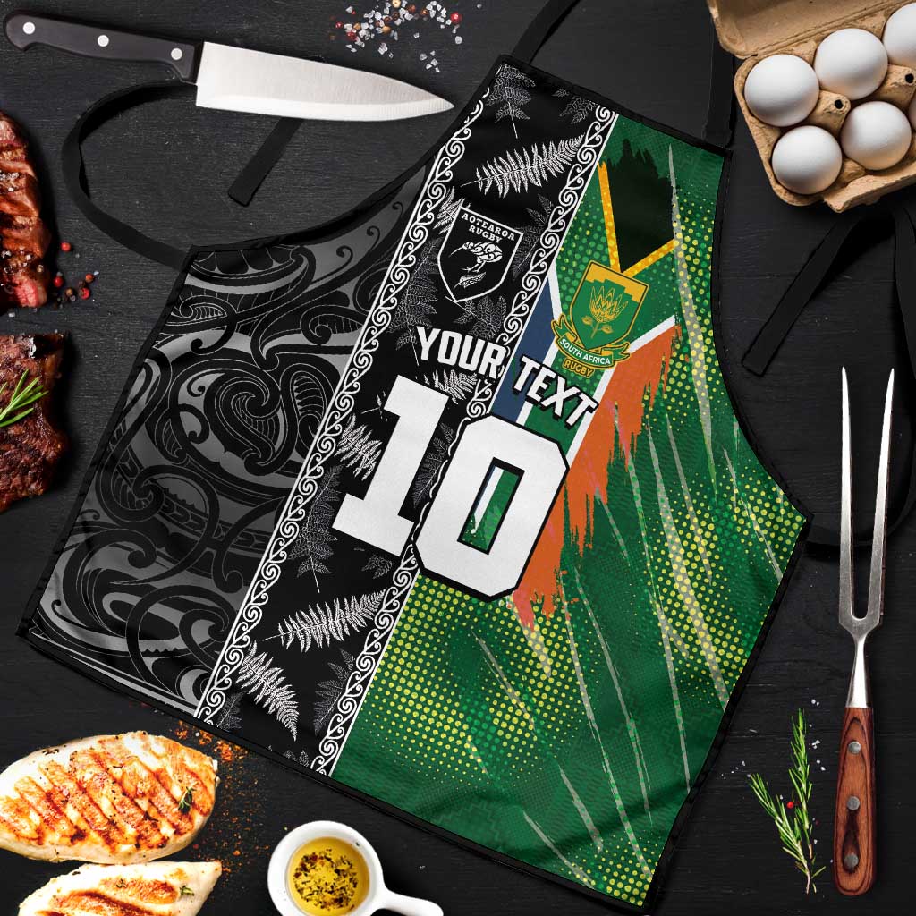 Custom Aotearoa South Africa Rugby Freedom Cup Apron Maori Silver Fern Art and Sporty Flag SA LT03 Black - Polynesian Pride