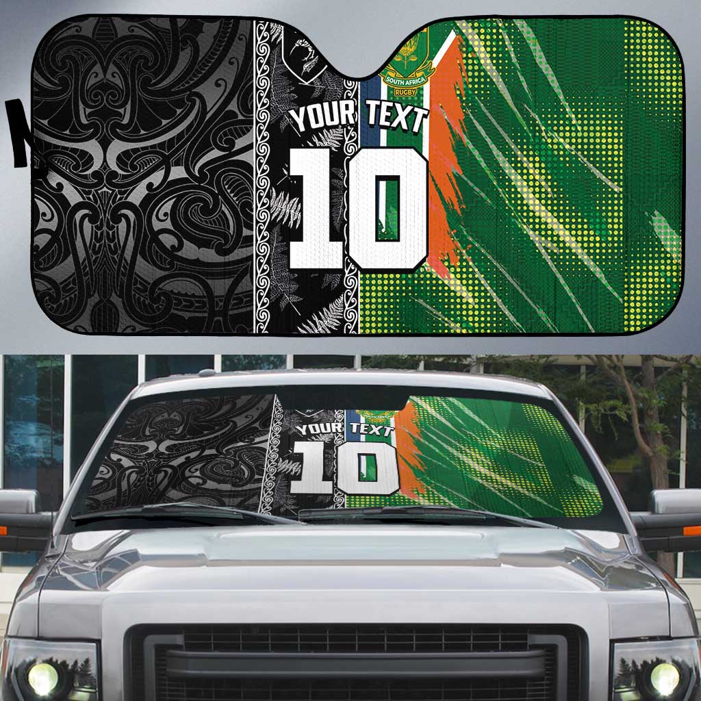 Custom Aotearoa South Africa Rugby Freedom Cup Auto Sun Shade Maori Silver Fern Art and Sporty Flag SA LT03 Black - Polynesian Pride