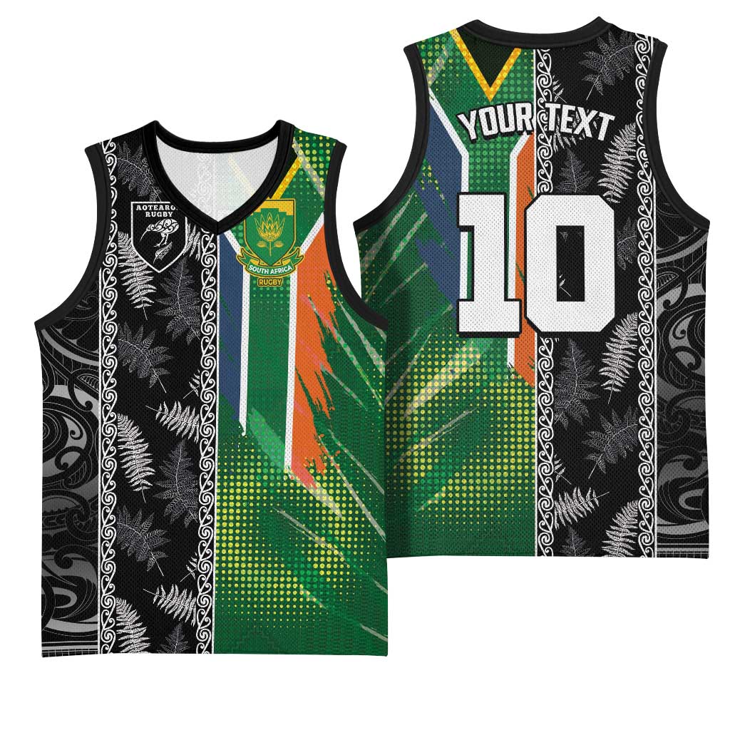 Custom Aotearoa South Africa Rugby Freedom Cup Basketball Jersey Maori Silver Fern Art and Sporty Flag SA - Polynesian Pride