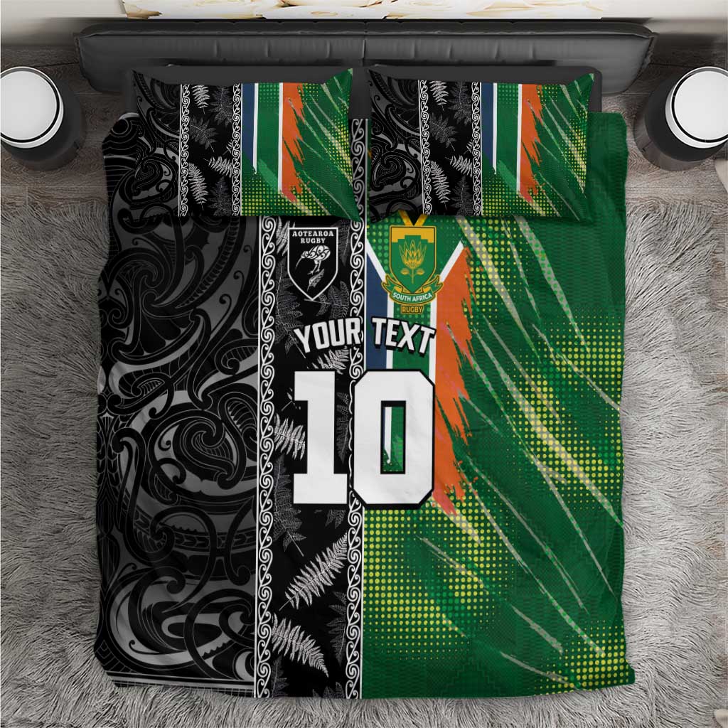 Custom Aotearoa South Africa Rugby Freedom Cup Bedding Set Maori Silver Fern Art and Sporty Flag SA LT03 Black - Polynesian Pride