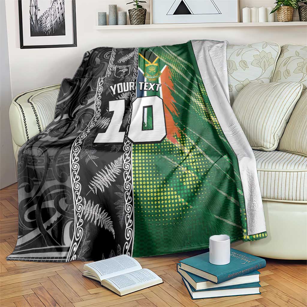 Custom Aotearoa South Africa Rugby Freedom Cup Blanket Maori Silver Fern Art and Sporty Flag SA LT03 Black - Polynesian Pride