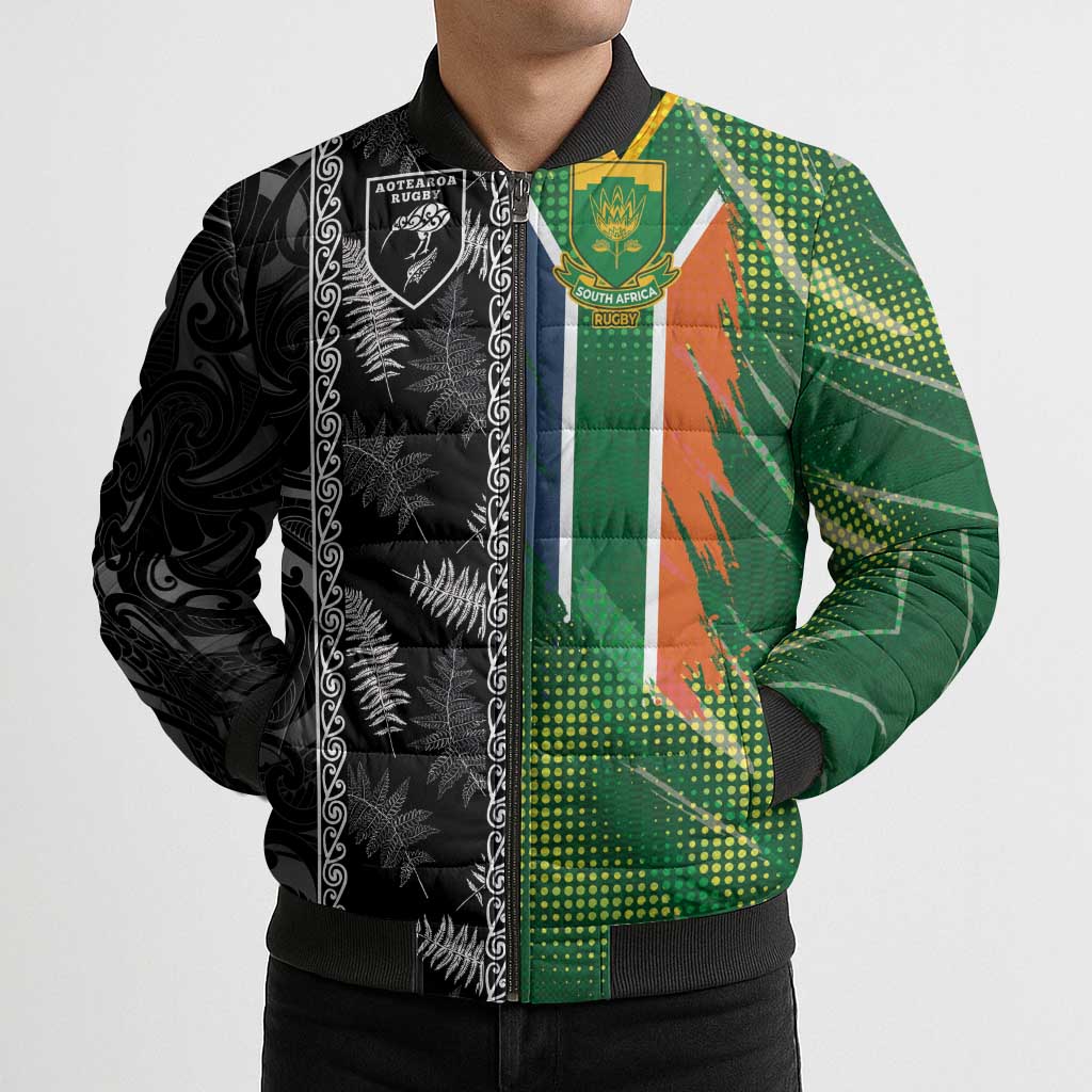 Custom Aotearoa South Africa Rugby Freedom Cup Bomber Puffer Jacket Maori Silver Fern Art and Sporty Flag SA - Polynesian Pride