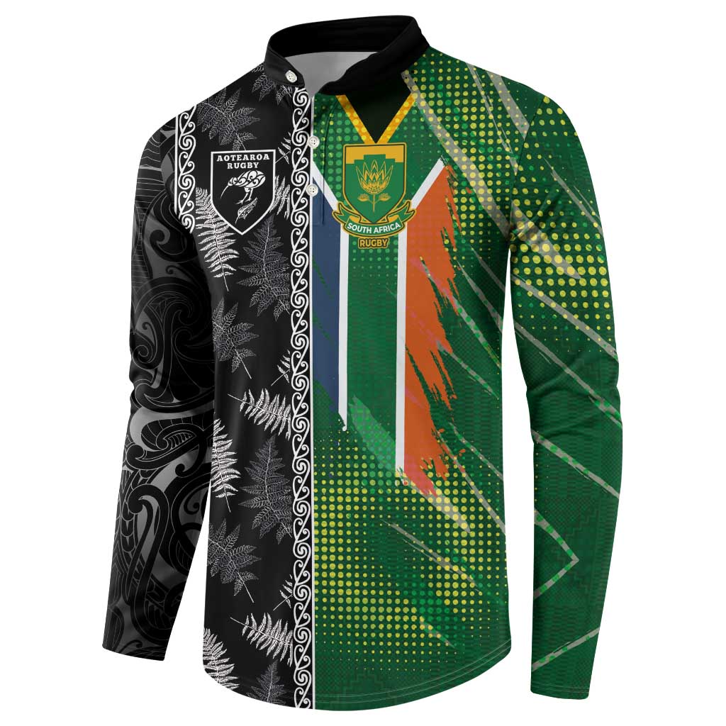 Custom Aotearoa South Africa Rugby Freedom Cup Button Sweatshirt Maori Silver Fern Art and Sporty Flag SA - Polynesian Pride