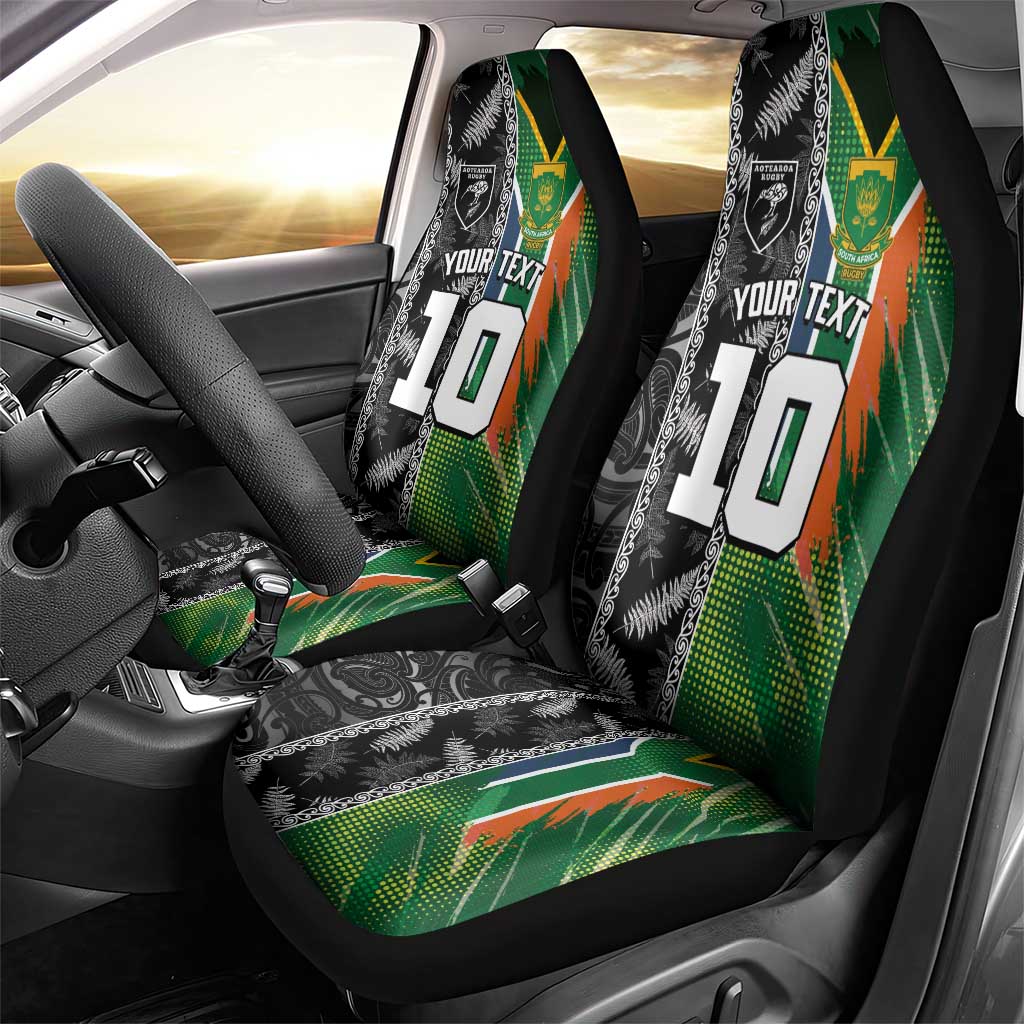 Custom Aotearoa South Africa Rugby Freedom Cup Car Seat Cover Maori Silver Fern Art and Sporty Flag SA - Polynesian Pride