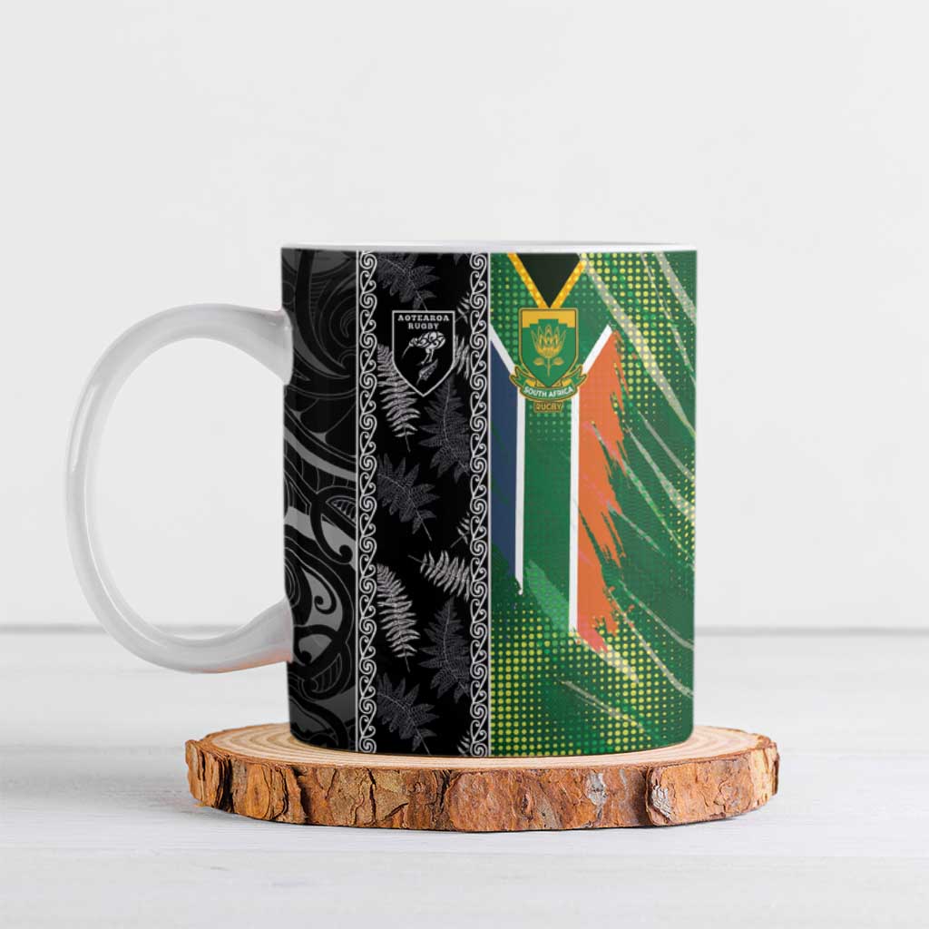 Custom Aotearoa South Africa Rugby Freedom Cup Ceramic Mug Maori Silver Fern Art and Sporty Flag SA LT03 Black - Polynesian Pride