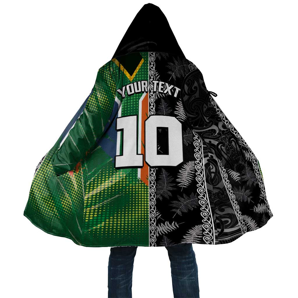 Custom Aotearoa South Africa Rugby Freedom Cup Cloak Maori Silver Fern Art and Sporty Flag SA LT03 Unisex Black - Polynesian Pride