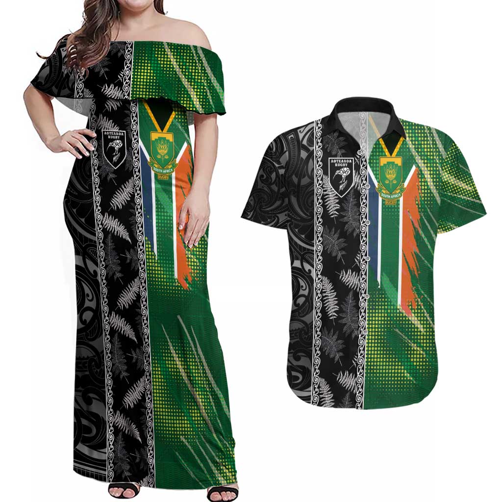Custom Aotearoa South Africa Rugby Freedom Cup Couples Matching Off Shoulder Maxi Dress and Hawaiian Shirt Maori Silver Fern Art and Sporty Flag SA - Polynesian Pride