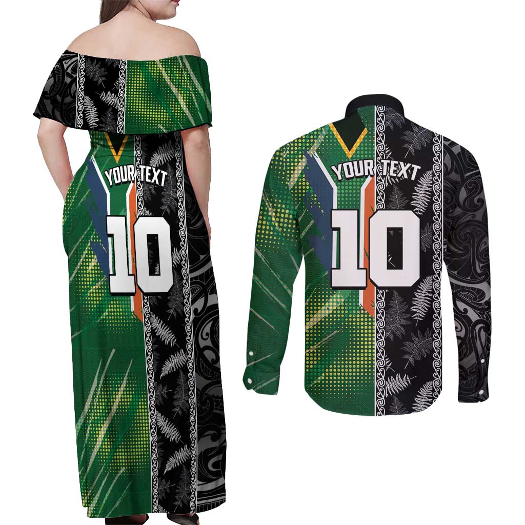 Custom Aotearoa South Africa Rugby Freedom Cup Couples Matching Off Shoulder Maxi Dress and Long Sleeve Button Shirt Maori Silver Fern Art and Sporty Flag SA LT03 - Polynesian Pride