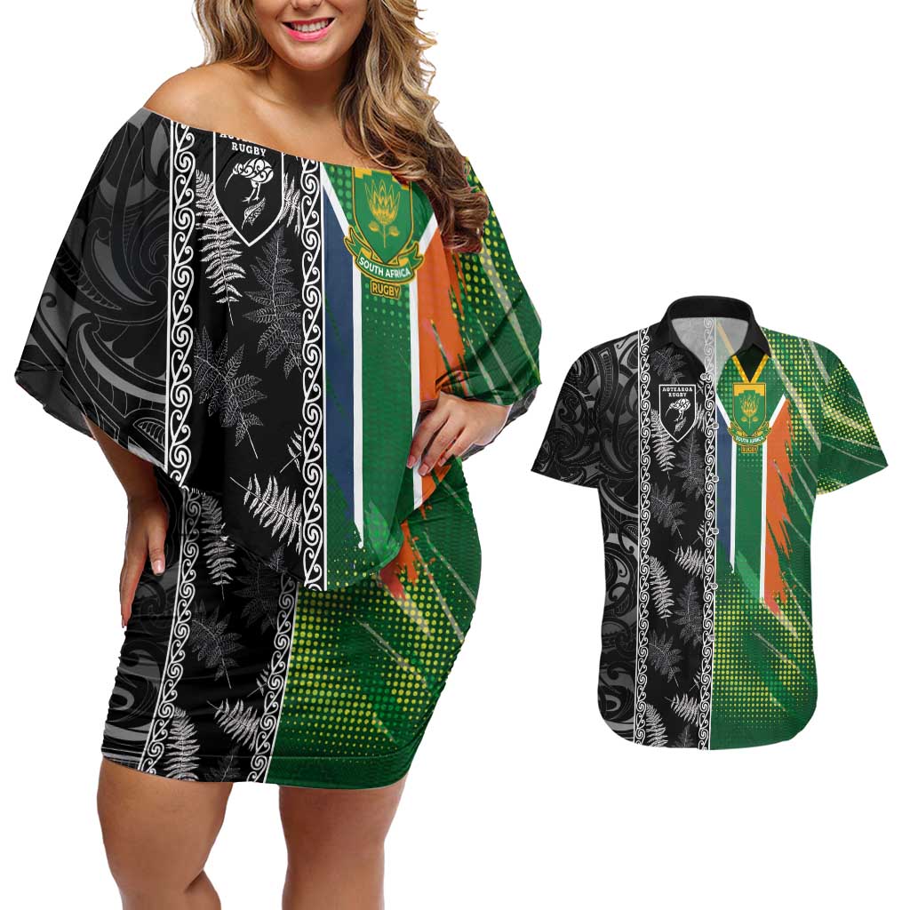 Custom Aotearoa South Africa Rugby Freedom Cup Couples Matching Off Shoulder Short Dress and Hawaiian Shirt Maori Silver Fern Art and Sporty Flag SA LT03 Black - Polynesian Pride