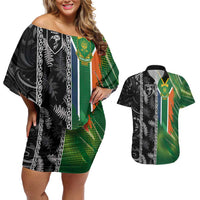 Custom Aotearoa South Africa Rugby Freedom Cup Couples Matching Off Shoulder Short Dress and Hawaiian Shirt Maori Silver Fern Art and Sporty Flag SA LT03 Black - Polynesian Pride