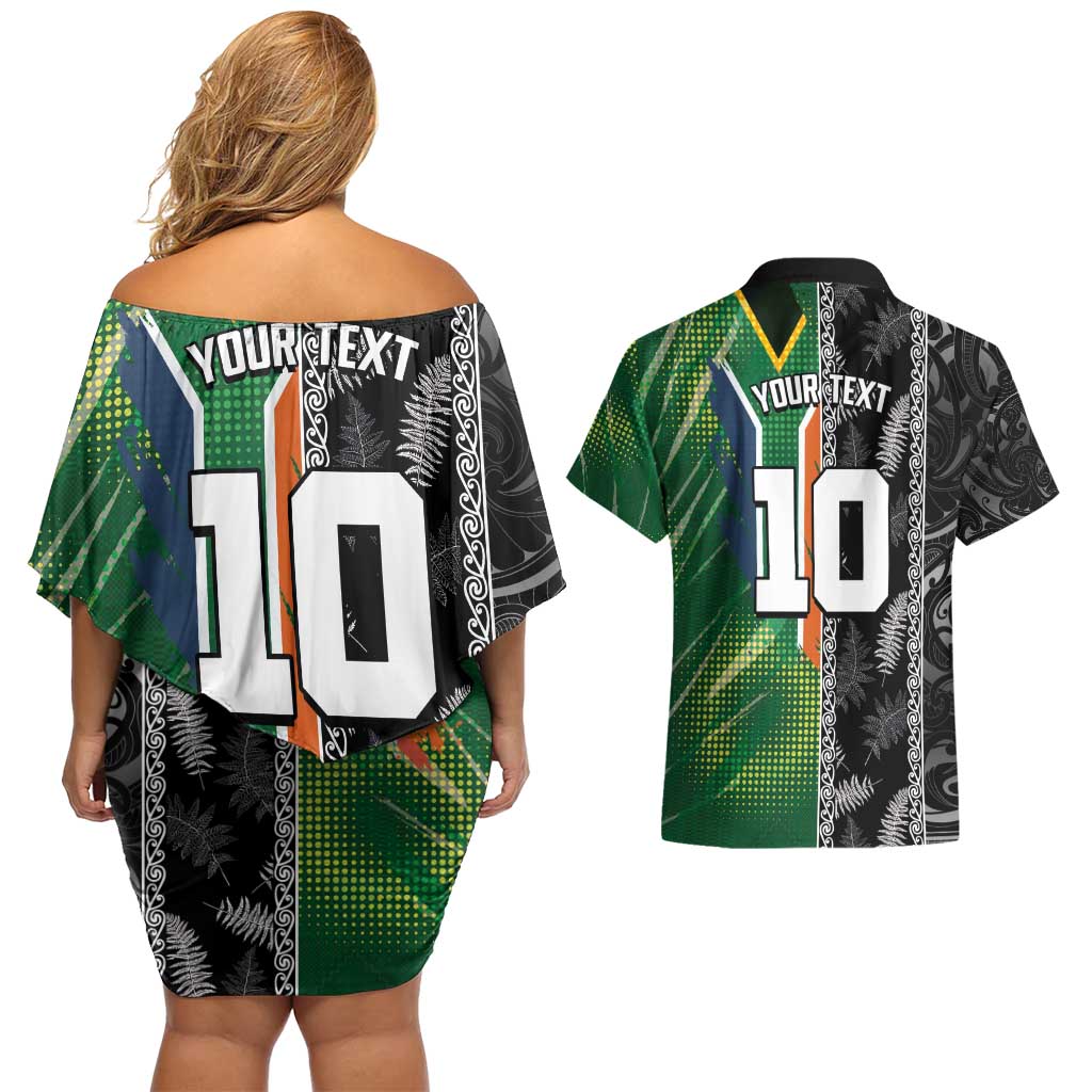 Custom Aotearoa South Africa Rugby Freedom Cup Couples Matching Off Shoulder Short Dress and Hawaiian Shirt Maori Silver Fern Art and Sporty Flag SA LT03 - Polynesian Pride
