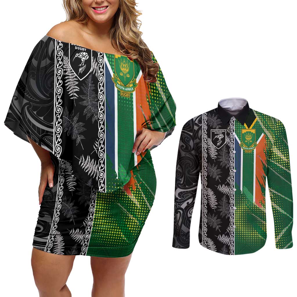 Custom Aotearoa South Africa Rugby Freedom Cup Couples Matching Off Shoulder Short Dress and Long Sleeve Button Shirt Maori Silver Fern Art and Sporty Flag SA LT03 Black - Polynesian Pride