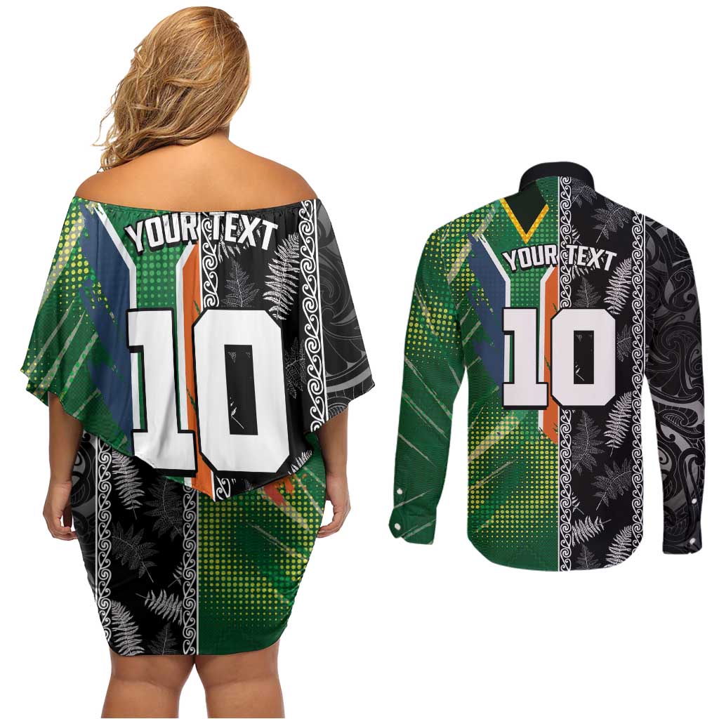 Custom Aotearoa South Africa Rugby Freedom Cup Couples Matching Off Shoulder Short Dress and Long Sleeve Button Shirt Maori Silver Fern Art and Sporty Flag SA LT03 - Polynesian Pride