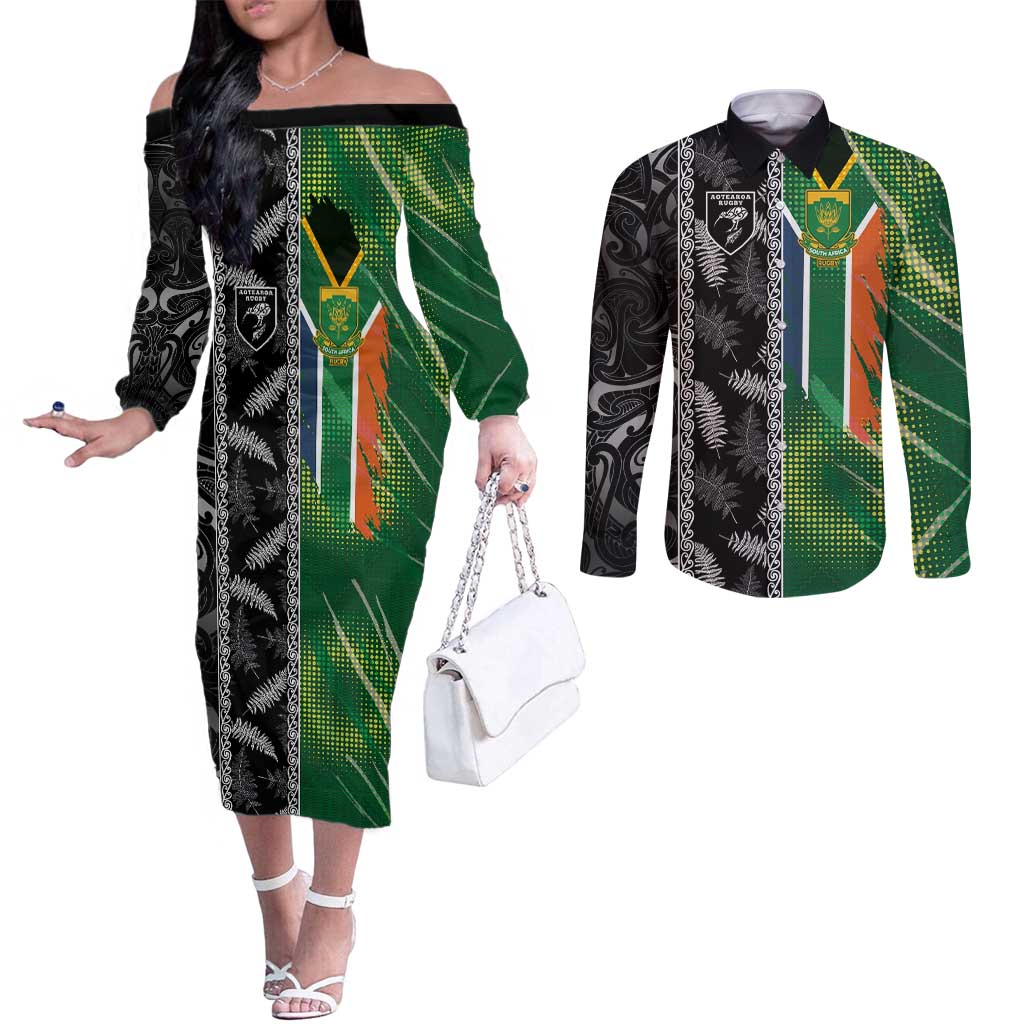 Custom Aotearoa South Africa Rugby Freedom Cup Couples Matching Off The Shoulder Long Sleeve Dress and Long Sleeve Button Shirt Maori Silver Fern Art and Sporty Flag SA - Polynesian Pride