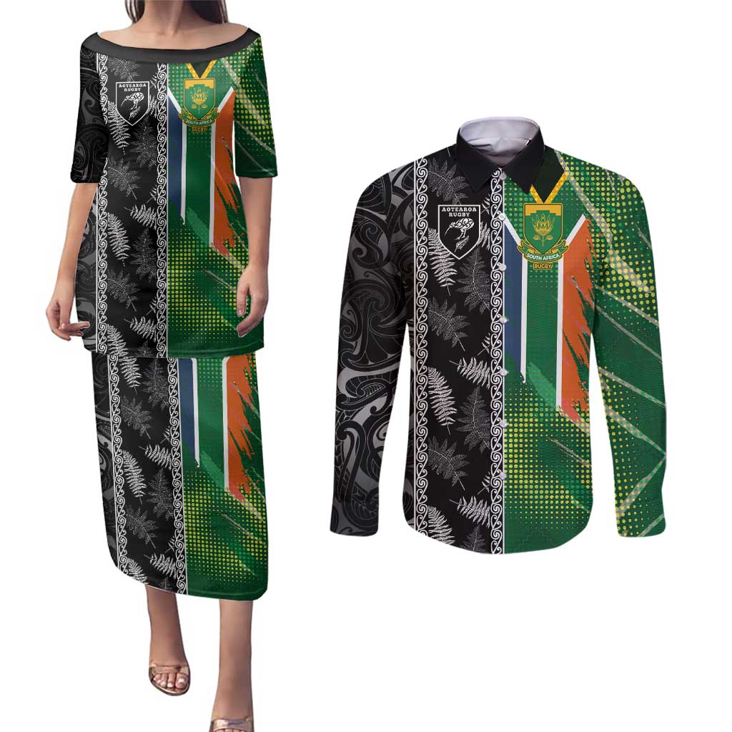Custom Aotearoa South Africa Rugby Freedom Cup Couples Matching Puletasi and Long Sleeve Button Shirt Maori Silver Fern Art and Sporty Flag SA - Polynesian Pride