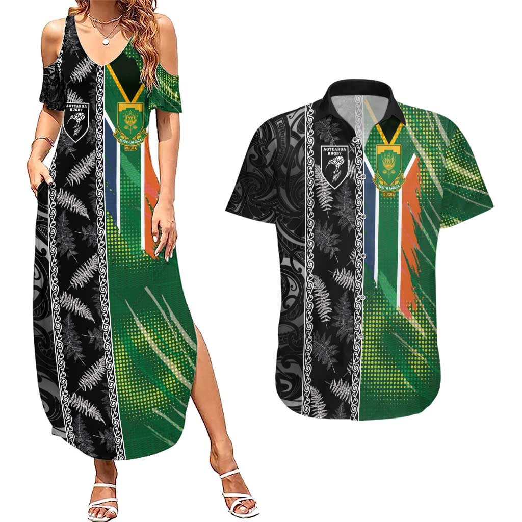 Custom Aotearoa South Africa Rugby Freedom Cup Couples Matching Summer Maxi Dress and Hawaiian Shirt Maori Silver Fern Art and Sporty Flag SA - Polynesian Pride