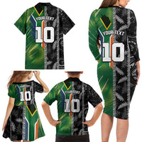 Custom Aotearoa South Africa Rugby Freedom Cup Family Matching Long Sleeve Bodycon Dress and Hawaiian Shirt Maori Silver Fern Art and Sporty Flag SA LT03 - Polynesian Pride