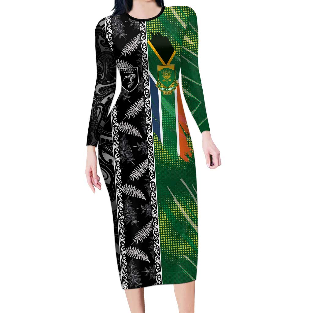 Custom Aotearoa South Africa Rugby Freedom Cup Family Matching Long Sleeve Bodycon Dress and Hawaiian Shirt Maori Silver Fern Art and Sporty Flag SA LT03 Mom's Dress Black - Polynesian Pride