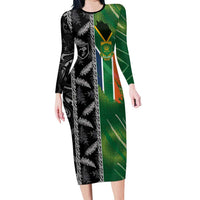 Custom Aotearoa South Africa Rugby Freedom Cup Family Matching Long Sleeve Bodycon Dress and Hawaiian Shirt Maori Silver Fern Art and Sporty Flag SA LT03 Mom's Dress Black - Polynesian Pride