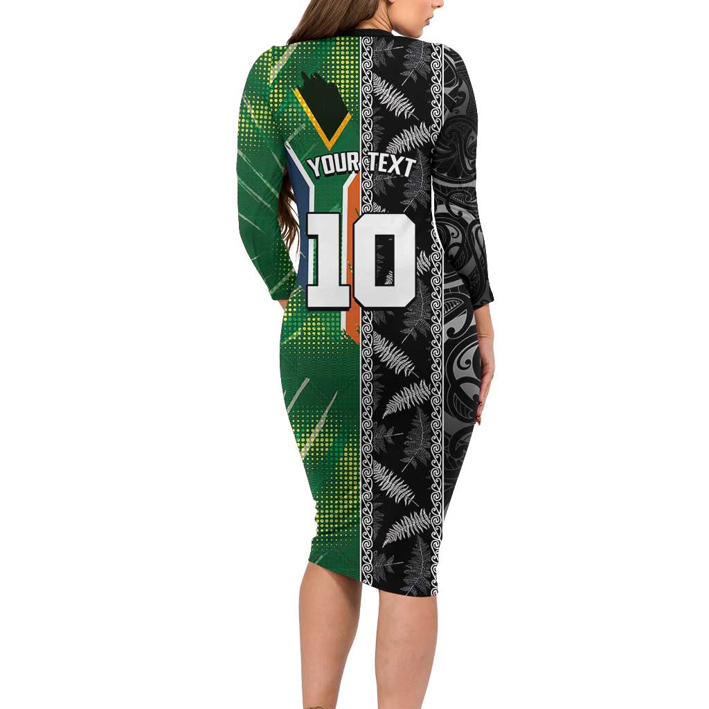 Custom Aotearoa South Africa Rugby Freedom Cup Family Matching Long Sleeve Bodycon Dress and Hawaiian Shirt Maori Silver Fern Art and Sporty Flag SA LT03 - Polynesian Pride