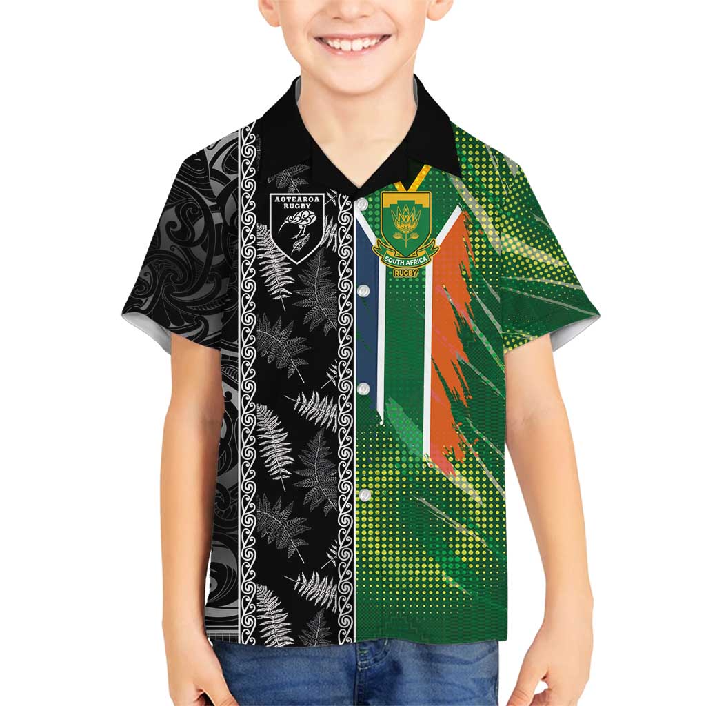 Custom Aotearoa South Africa Rugby Freedom Cup Family Matching Long Sleeve Bodycon Dress and Hawaiian Shirt Maori Silver Fern Art and Sporty Flag SA LT03 Son's Shirt Black - Polynesian Pride