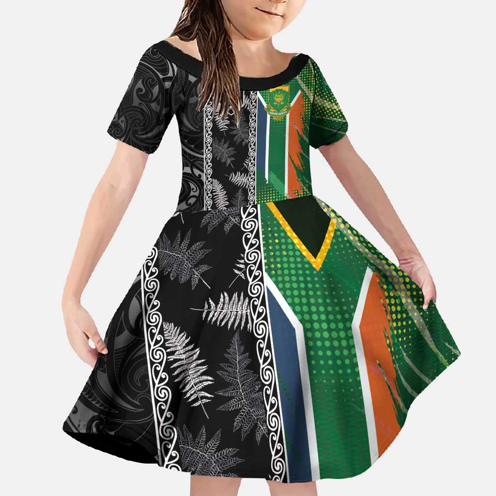 Custom Aotearoa South Africa Rugby Freedom Cup Family Matching Mermaid Dress and Hawaiian Shirt Maori Silver Fern Art and Sporty Flag SA LT03 Daughter's Dress Black - Polynesian Pride