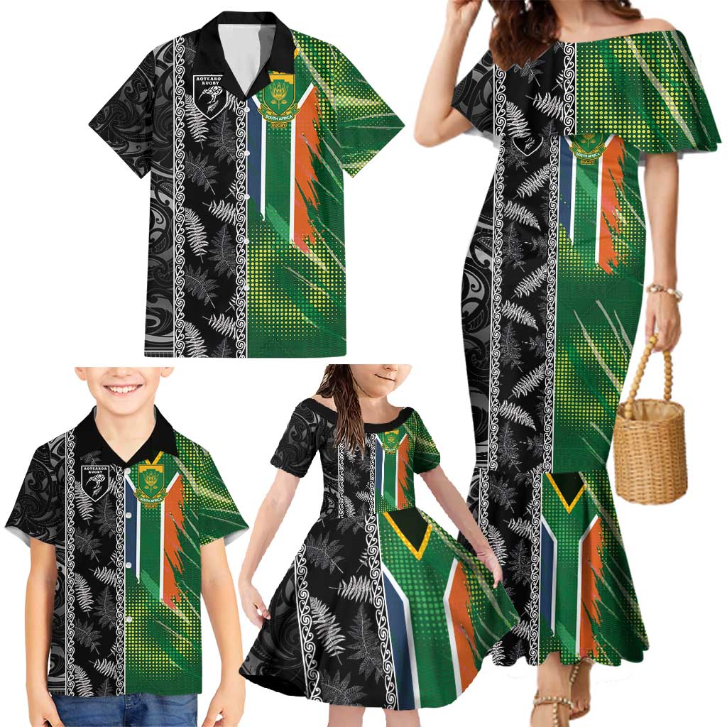 Custom Aotearoa South Africa Rugby Freedom Cup Family Matching Mermaid Dress and Hawaiian Shirt Maori Silver Fern Art and Sporty Flag SA LT03 - Polynesian Pride