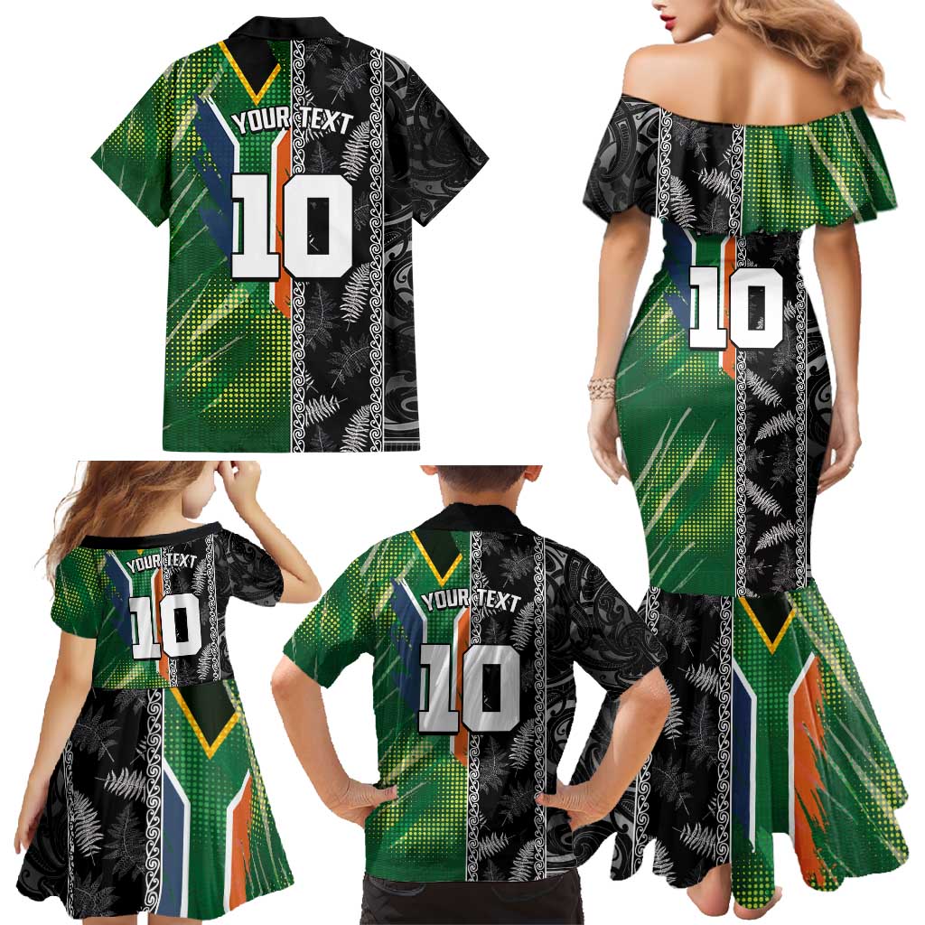 Custom Aotearoa South Africa Rugby Freedom Cup Family Matching Mermaid Dress and Hawaiian Shirt Maori Silver Fern Art and Sporty Flag SA LT03 - Polynesian Pride