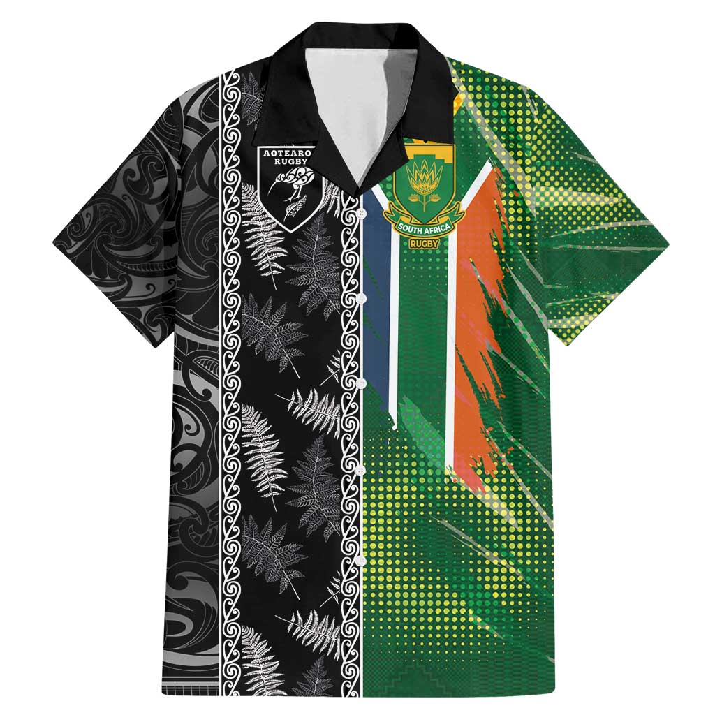 Custom Aotearoa South Africa Rugby Freedom Cup Family Matching Mermaid Dress and Hawaiian Shirt Maori Silver Fern Art and Sporty Flag SA LT03 Dad's Shirt - Short Sleeve Black - Polynesian Pride