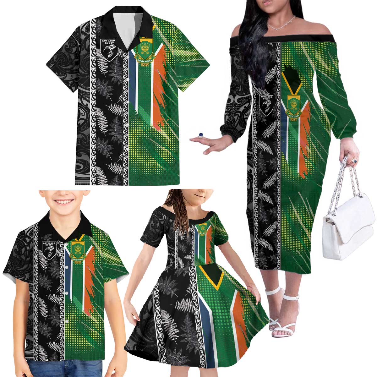 Custom Aotearoa South Africa Rugby Freedom Cup Family Matching Off The Shoulder Long Sleeve Dress and Hawaiian Shirt Maori Silver Fern Art and Sporty Flag SA LT03 - Polynesian Pride