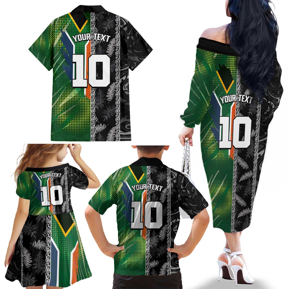Custom Aotearoa South Africa Rugby Freedom Cup Family Matching Off The Shoulder Long Sleeve Dress and Hawaiian Shirt Maori Silver Fern Art and Sporty Flag SA LT03 - Polynesian Pride