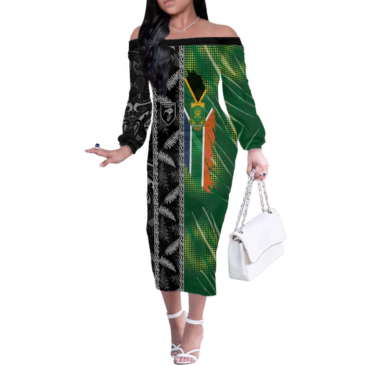 Custom Aotearoa South Africa Rugby Freedom Cup Family Matching Off The Shoulder Long Sleeve Dress and Hawaiian Shirt Maori Silver Fern Art and Sporty Flag SA LT03 Mom's Dress Black - Polynesian Pride