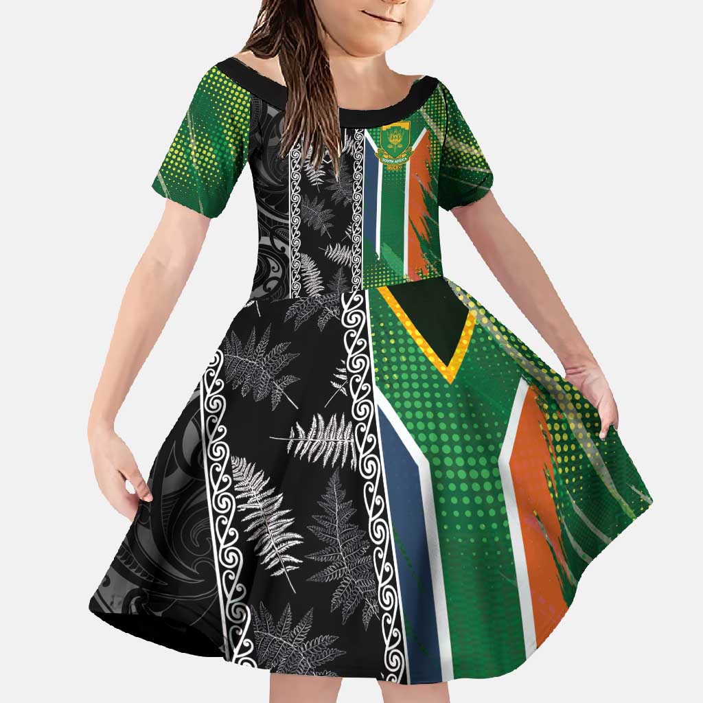 Custom Aotearoa South Africa Rugby Freedom Cup Family Matching Off Shoulder Maxi Dress and Hawaiian Shirt Maori Silver Fern Art and Sporty Flag SA LT03 Daughter's Dress Black - Polynesian Pride