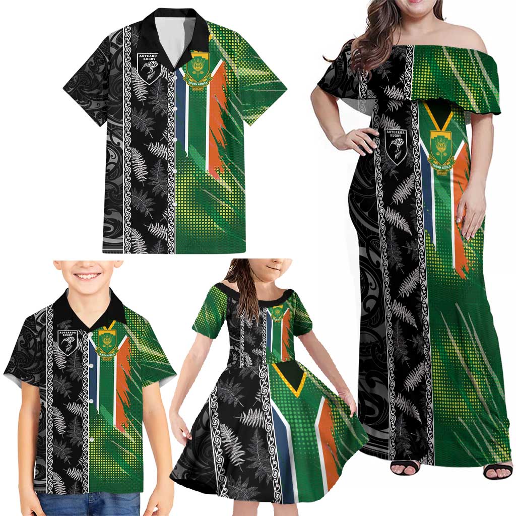 Custom Aotearoa South Africa Rugby Freedom Cup Family Matching Off Shoulder Maxi Dress and Hawaiian Shirt Maori Silver Fern Art and Sporty Flag SA - Polynesian Pride
