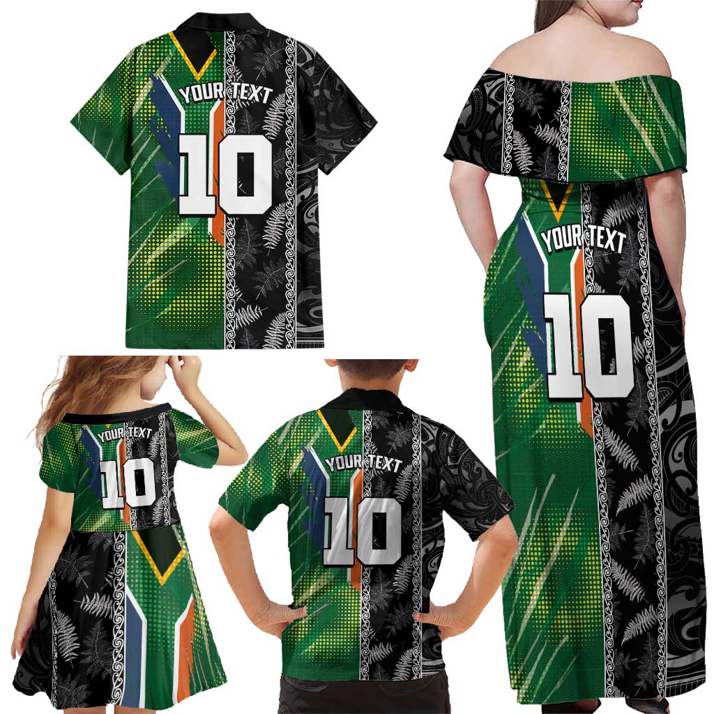 Custom Aotearoa South Africa Rugby Freedom Cup Family Matching Off Shoulder Maxi Dress and Hawaiian Shirt Maori Silver Fern Art and Sporty Flag SA LT03 - Polynesian Pride