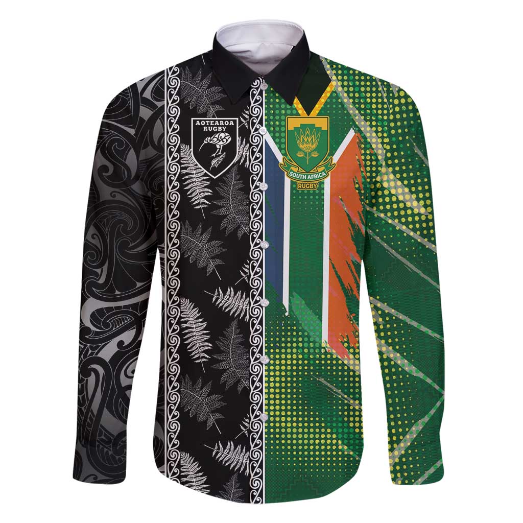 Custom Aotearoa South Africa Rugby Freedom Cup Family Matching Off Shoulder Maxi Dress and Hawaiian Shirt Maori Silver Fern Art and Sporty Flag SA LT03 Dad's Shirt - Long Sleeve Black - Polynesian Pride